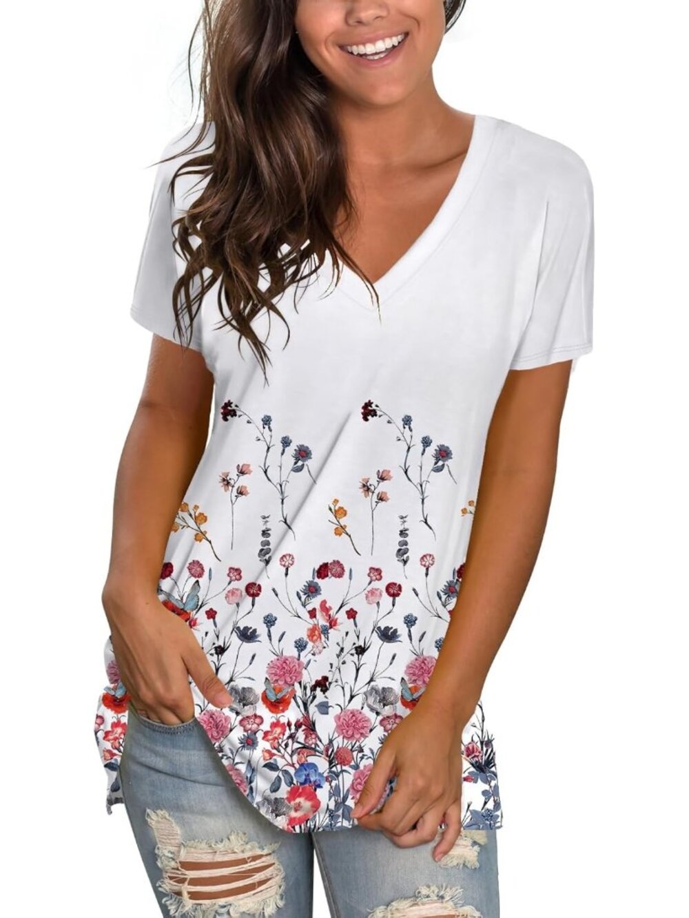 〽️Women Floral Multi V Neck Tee Loose Fitting Casual Short Sleeve Tops T Shirt